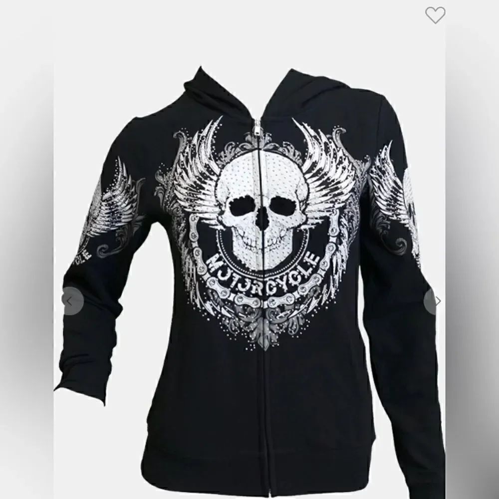 Motorcycle Skull Chained Rhinestone Hoodie